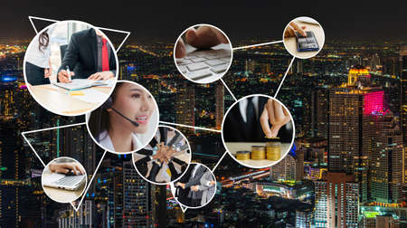 Business network web banner photo set in concept of management and growth by using corporate teamwork and people networking skills .の写真素材