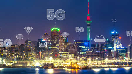 Smart digital city with globalization abstract graphic showing connection network . Concept of future 5G smart wireless digital city and social media networking systems .の写真素材
