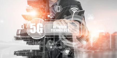 Advanced communication and global internet network connection in smart city . Concept of future 5G wireless digital connecting and social media networking .の写真素材