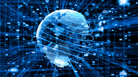 Global online internet network and internet of things IOT concept presented in 3D rendering computer...