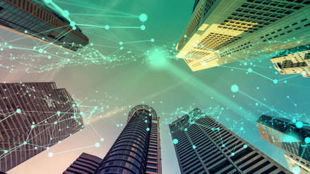 Imaginative visual of smart digital city with globalization abstract graphic showing connection network . Concept of future 5G smart wireless digital city and social media networking systems .の写真素材
