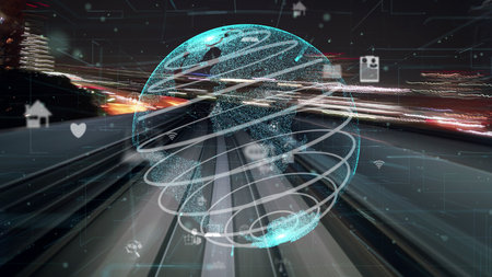 Fast motion digital data flow on road with global network graphic modernization showing concept of...