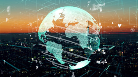 Global connection and the internet network modernization in smart city . Concept of future 5G wireless digital connecting and social media networking .の写真素材