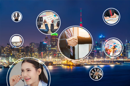 Business network web banner photo set in concept of management and growth by using corporate...