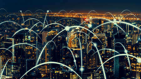 Smart digital city with globalization abstract graphic showing connection network . Concept of future 5G smart wireless digital city and social media networking systems .の写真素材