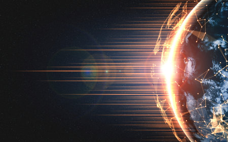 Global network connection covering the earth with lines of innovative perception . Concept of 5G...