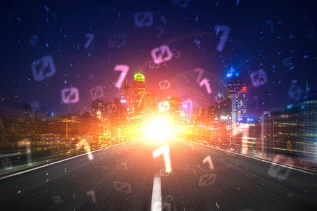 Digital data flow on road with motion blur to create vision of fast speed transfer . Concept of...