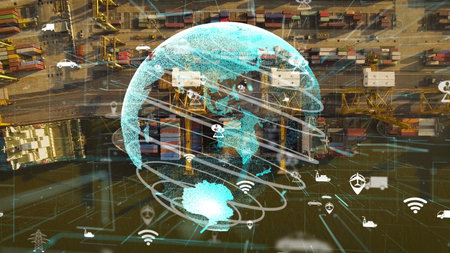Shipping harbor aerial view with graphic of network technology modernization showing concept of...
