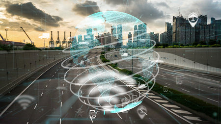 Global connection and the internet network modernization in smart city . Concept of future 5G...