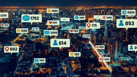 Social media icons fly over city downtown showing people engagement connection through social...