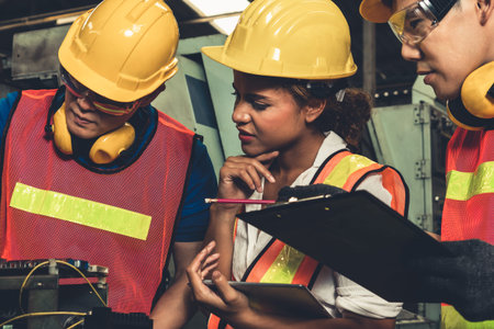 Group of skillful workers using machine equipment in factory workshop . Industry and engineering people technology concept .の写真素材