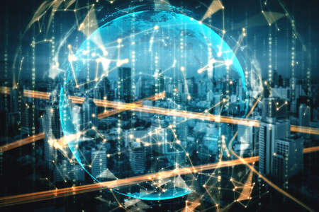 Smart city technology with futuristic graphic of digital data transfer . Concept of computer internet communication and information network technology .の写真素材