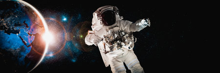 Astronaut spaceman do spacewalk while working for space station in outer space . Astronaut wear full...