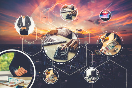 Business network web banner photo set in concept of management and growth by using corporate...