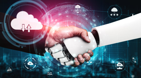 AI robot using cloud computing technology to store data on online server . Futuristic concept of...