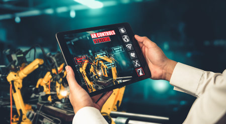 Engineer controls robotic arms by augmented reality industry technology application software. Smart...