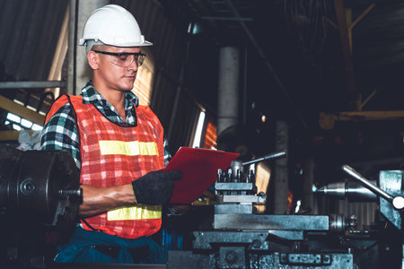Smart factory worker or engineer do machine job in a manufacturing workshop . Industry and...