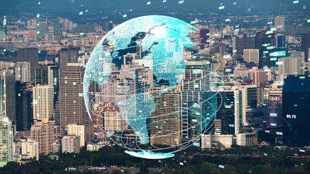 Global connection and the internet network modernization in smart city . Concept of future 5G...