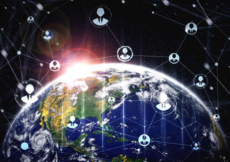 People network and global earth connection in innovative perception . Business people with modern graphic interface linking many people around world by social media . 3D illustration .の写真素材