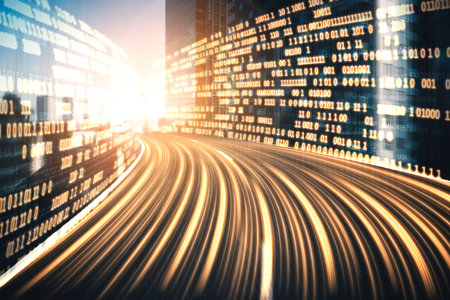 Digital data flow on road with motion blur to create vision of fast speed transfer . Concept of...