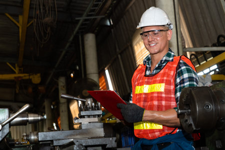 Smart factory worker or engineer do machine job in a manufacturing workshop . Industry and...