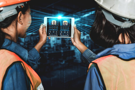 Facial recognition technology for industry worker to access machine control . Future concept...