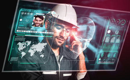 Facial recognition technology for industry worker to access machine control . Future concept interface showing digital biometric security system that analyze human face to verify personal data .の写真素材