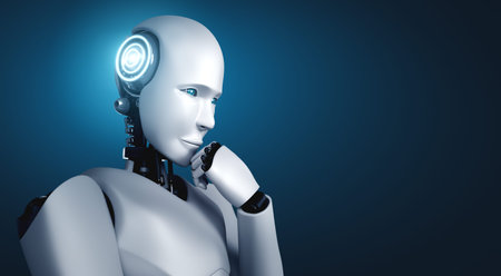 Thinking AI humanoid robot analyzing information data in concept of artificial intelligence by...