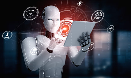 Robot humanoid using tablet computer for global network connection using AI thinking brain , artificial intelligence and machine learning process for 4th industrial revolution . 3D illustration.の写真素材