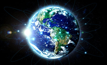 Global network connection covering the earth with lines of innovative perception . Concept of 5G...