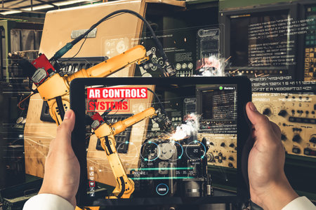 Engineer controls robotic arms by augmented reality industry technology application software. Smart...