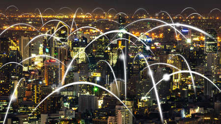 Smart digital city with globalization abstract graphic showing connection network . Concept of future 5G smart wireless digital city and social media networking systems .の写真素材