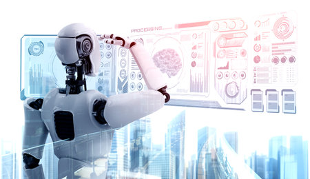 Humanoid AI robot looking at hologram screen showing concept of big data analytic using artificial...