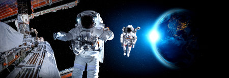 Astronaut spaceman do spacewalk while working for space station in outer space . Astronaut wear full...