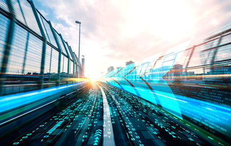 Digital data flow on road with motion blur to create vision of fast speed transfer . Concept of...