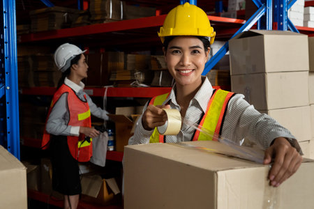 Portrait of young Asian woman warehouse worker smiling in the storehouse . Logistics , supply chain...
