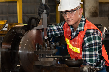 Smart factory worker or engineer do machine job in a manufacturing workshop . Industry and...