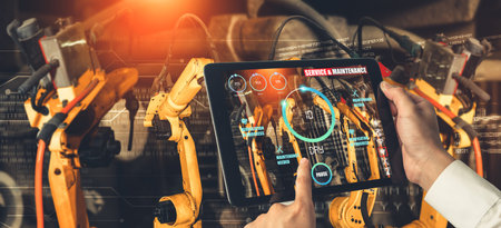 Engineer controls robotic arms by augmented reality industry technology application software. Smart...