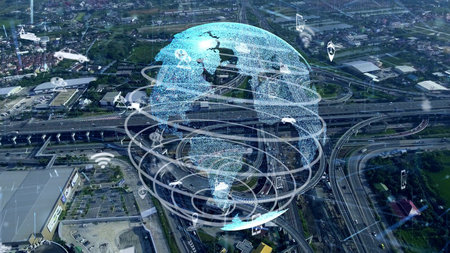 Global connection and traffic modernization in smart city . Concept of future 5G wireless digital...