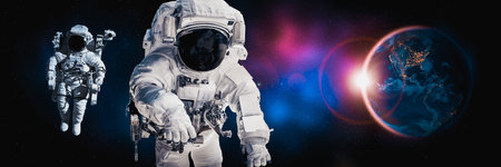 Astronaut spaceman do spacewalk while working for space station in outer space . Astronaut wear full...
