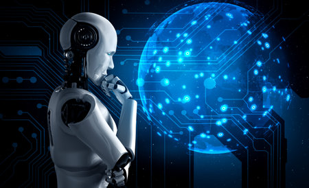 Thinking AI humanoid robot analyzing hologram screen shows concept of network global communication...