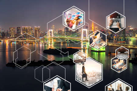 Business network web banner photo set in concept of management and growth by using corporate teamwork and people networking skills .の写真素材