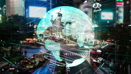 Global connection and the internet network modernization in smart city . Concept of future 5G wireless digital connecting and social media networking .の写真素材