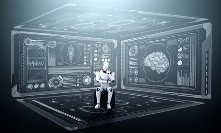 Thinking AI humanoid robot analyzing hologram screen showing concept big data analytic using...