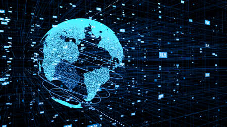 Global online internet network and internet of things IOT concept presented in 3D rendering computer graphic of cyberspace. Communication and information technology development for digital lifestyle.の写真素材