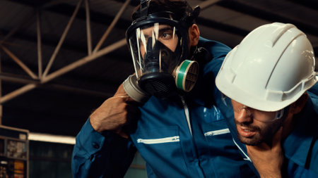 Skillful factory worker rescue his teammate out of poisonous gas leakage . Industry and engineering people accident and safety concept .の写真素材