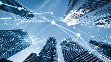 Imaginative visual of smart digital city with globalization abstract graphic showing connection...