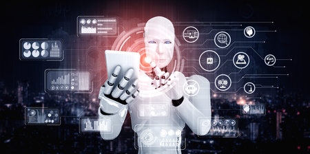 Robot humanoid use mobile phone or tablet for big data analytic using AI thinking brain , artificial...