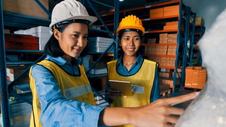 Female warehouse worker working at the storehouse . Logistics , supply chain and warehouse business concept .の写真素材