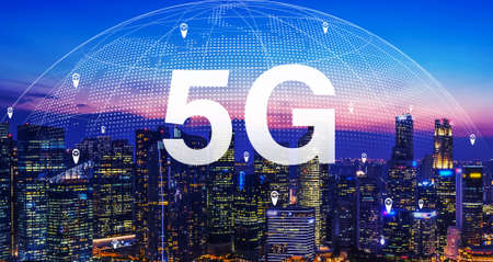 Advanced communication and global internet network connection in smart city . Concept of future 5G wireless digital connecting and social media networking .の写真素材